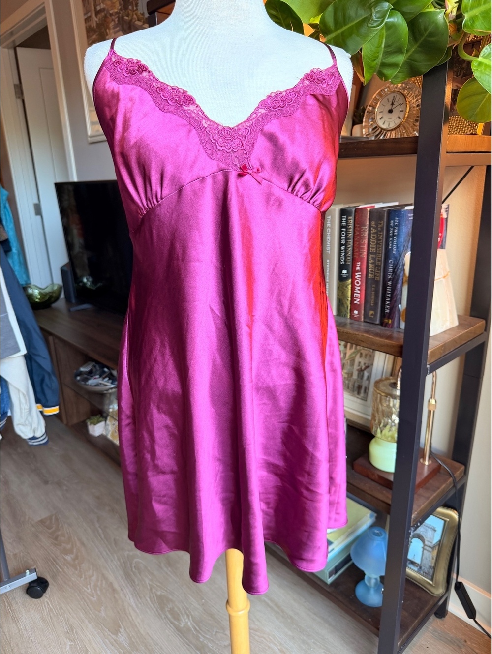 Vintage Delicates Magenta Satin & Lace Slip Nightgown XL